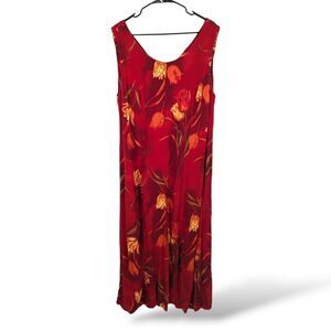 Vintage S.L. Fashions Dress 22W Red Floral Midi Sleeveless Tropical Hawaiian